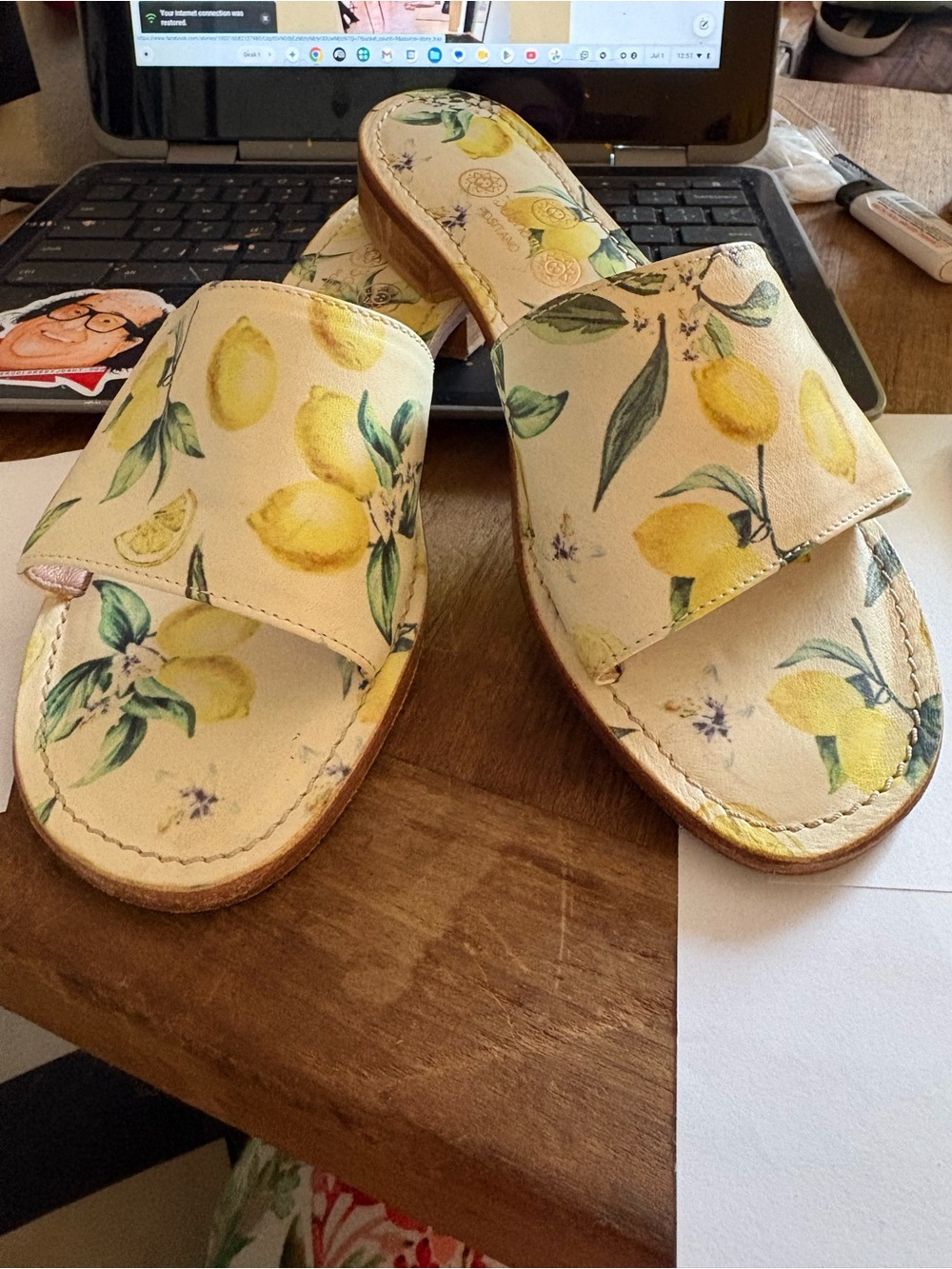 Tre Denari Positano Made in Italy LEATHER Slide Sandals with Lemon Design 37